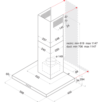 Indesit HOOD Built-in IHBS 6.4 AM X Inox Wall-mounted Mechanical Technical drawing