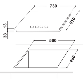 Indesit HOB THA 752 IX/I Inox GAS Technical drawing