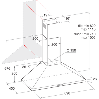 Indesit HOOD Built-in IHPC 9.5 LM X Inox Wall-mounted Mechanical Technical drawing