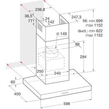 Indesit HOOD Built-in IHBS 6.5 LM X Inox Wall-mounted Mechanical Technical drawing