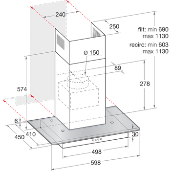 Indesit HOOD Built-in IHF 6.5 LM X Inox Wall-mounted Mechanical Technical drawing