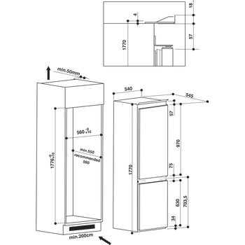 Indesit-Fridge-Freezer-Built-in-IB-7030-A1-D.UK-Steel-2-doors-Technical-drawing